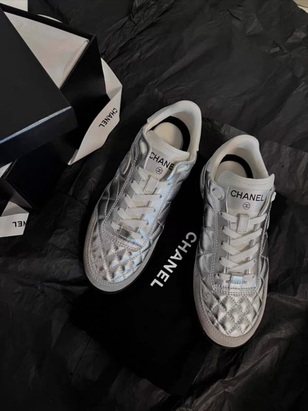 CHANEL Silver Quilted Leather Low Top Sneakers